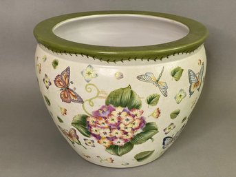 Chinese Style Ceramic Planter With Butterfly And Hydrangea Decoration