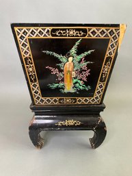 Chinese Wood Planter On Stand With Applied And Painted Decoration
