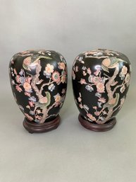 Pair Of Chinese Famille Noir Bird And Tree Decorated Covered Urns (Drilled For Lamps)