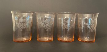 Set Of 4 Etched Pink Depression Glass Juice Glasses