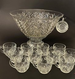 Glass Punch Bowl On Stand And 12 Cups