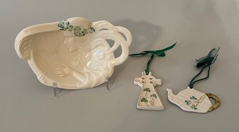 Belleek Harp Shamrock Trinket Dish With Two Ornaments