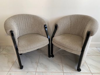 Pair Of Wood Frame Upholstered Chairs On Wheels