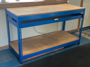 Heavy Duty Garage Work Bench With Blue Metal Frame And Wood Top