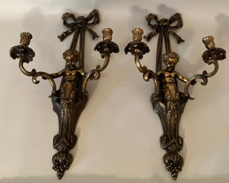 Vintage Pair Of Gilt Metal Louis XIV Style Cherub Sconces With Double Candle Holders, Circa 1920-1950