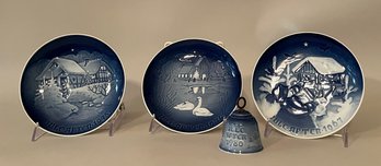 B&B Copenhagen Porcelain Blue And White Christmas Plates 1967, 1974, 1975 And 1980 Bell