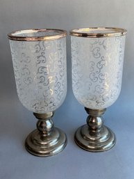 Pair Of Silverplate Hurricanes With Frosted Glass Shades