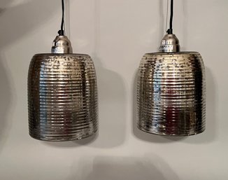 Pair Of Brickell Collection Silver Glass / Mercury Glass Cylinder Pendant Lights