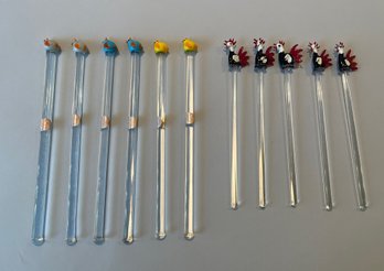 Glass Swizel Sticks With Rooster And Chick Finials