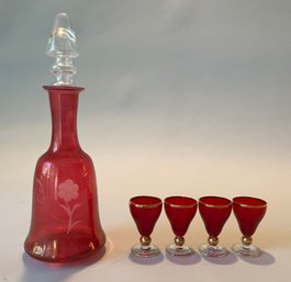 Red Glass Decanter And Cordial Glasses