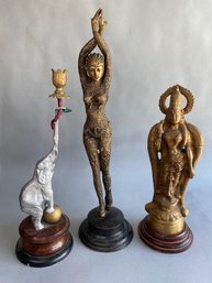 Two Metal Statuettes Of Indian Deities / Goddesses And An Elephant Candlestick