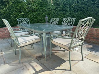 Outdoor Green Painted Cast Aluminum Rectangular Glass Top Table And Six Arm Chairs