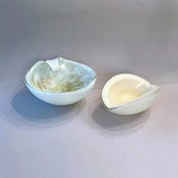 Two White Murano Glass Ash Trays - One White And One White With Gold Dust Decration