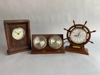 Ships Clock And Barometer Along With Wood Framed Clock