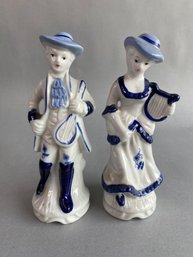 Blue And White Porcelain Victorian Couple Playing The Mandolin And Harp