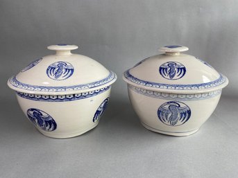 Chinese Blue And White Ceramic Crane Rice Covered Serving Bowls, Circa 1950 (2)