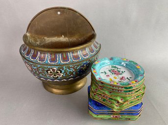 Cloisonne Wall Pocket With Collection Of Small Dishes And Ash Trays