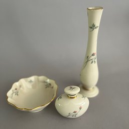 Lenox Bud Vase, Small Bowl And Perfume Bottle In The Rose Manor Pattern