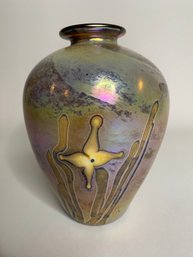 Iridescent Art Glass Vase With Floral Motif, Late 20th Century