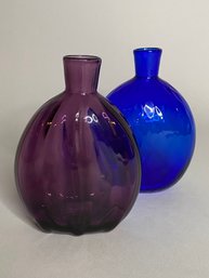 MMA Metropolitan Museum Of Art Glass Flasks In Ribbed Amethyst/Purple & Cobalt, Circa 1980
