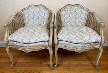 Pair Of French Louis XVI-Style Bergres With Caned And Upholstered Backs