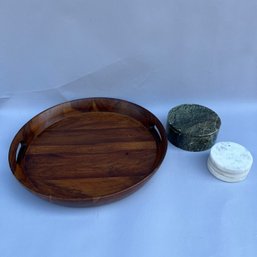 Wooden Serving Tray With Green Stone Lidded Box And Three Stone Coasters