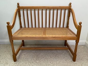 Turned Oak Hall Bench Or Settee With Caned Seat