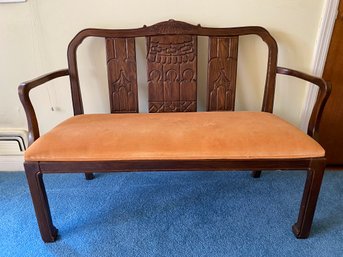 Carved Hall Bench Or Settee With Warm Orange Cushion