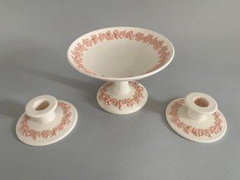Wedgwood Embossed Queensware Pink On Cream Footed Compote With A Pair Of Candlesticks