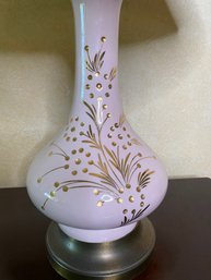 Mid Century Retro Pastel Pink And Gold Decorated Table Lamp