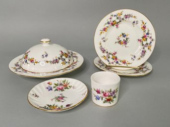 Minton Spring Flowers Covered Butter Dish With Two Dessert Plates & Demitasse Marlow Cup & Saucer
