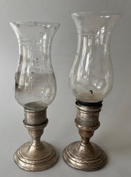 Pair Of Vintage Weighted Sterling Silver And Etched Glass Hurricane Lamps