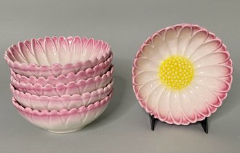 Set Of Six Italian Ceramic Pink Daisy Bowls