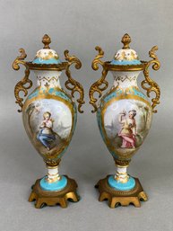 Pair Of Sevres Porcelain Ormolu Mounted Miniature Urns