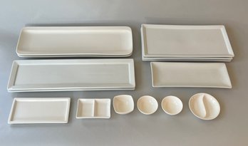 14 White Rectangular Dishes Or Sushi Set Including Dipping Cups