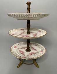 Max Roesler RVR Porcelain, Pink Reticulated Three Tier, Brass Mounted Server, Germany