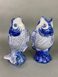 Pair Of William Sonoma Blue And White Koy Fish Vases