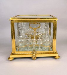 Vintage Cavaliquor Etched Glass Liquor Set In Glass And Gilt Metal Box