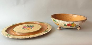 Decorative Painted Wood Bowl And Matching Tray