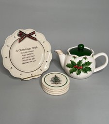 Collection Of Christmas Tablewares: Lenox  Christmas Wish Plate, Spode Coasters And Teapot