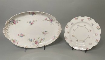 Limoges Serving Platter And Scalloped Dish With Pink And Blue Floral Decoration