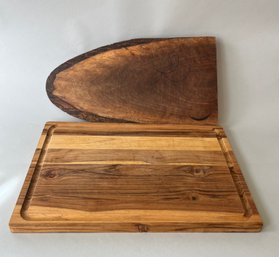 Two Cutting Or Serving Boards: One Raw Wood One Made By Mountainwoods Teak