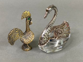 Sterling Silver Articulated Swan Salt Cellar With Spoon With Brass Rooster