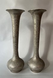 Pair Of Indian Etched Silver Plated Tall Trumpet Vases, Early 20th Century