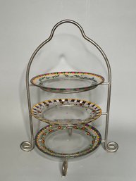 Three Tier Dessert Stand With Hand Painted Glass Serving Dishes