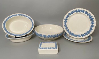 Partial Service Set Of Wedgwood Queensware Embossed Celadon On Cream