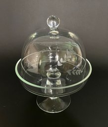 Miniature Glass Cheese Or Cake Stand And Cover With Etched Decoration