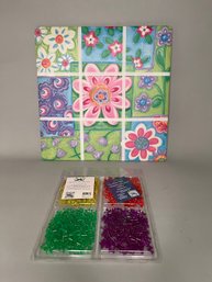 Floral Decorated Canvas Fabric Board  Cork Board With Assorted Color Push Pins