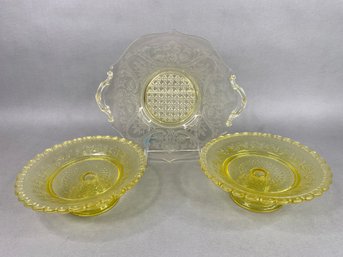 Three Yellow Depression Glass Pieces: One Serving  Tray, Two Footed Bowls