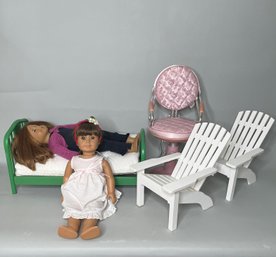 American Girl Dolls With Adirondack Chairs, Salon Chair, Bed And Clothing